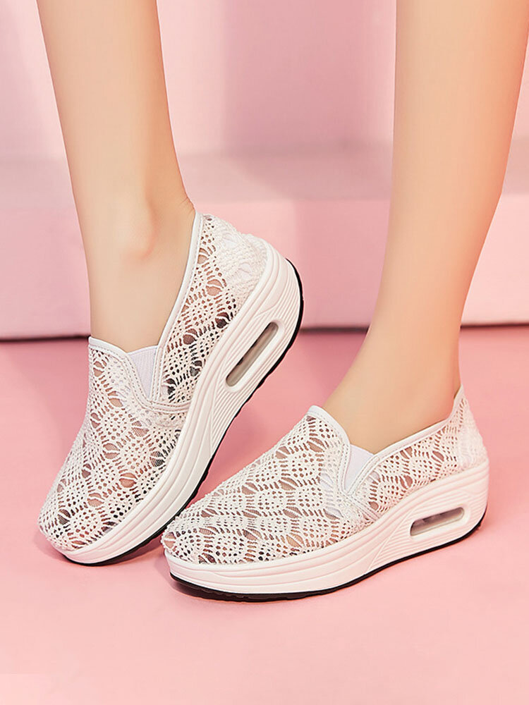

Women Lace Mesh Fabric Breathable Wedges Casual Comfy Slip On Cushioned Rocker Sole Sneakers, Black;white