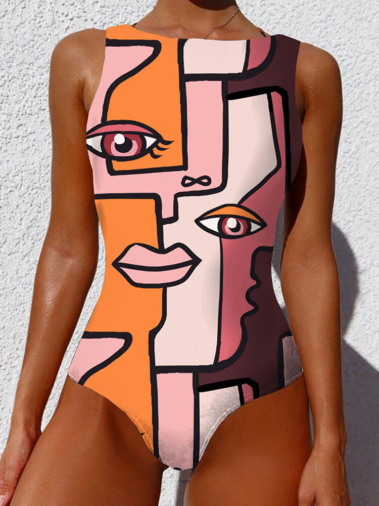 Women Personalized Abstract Print One Piece High Neck Sleeveless Slimming Swimsuit