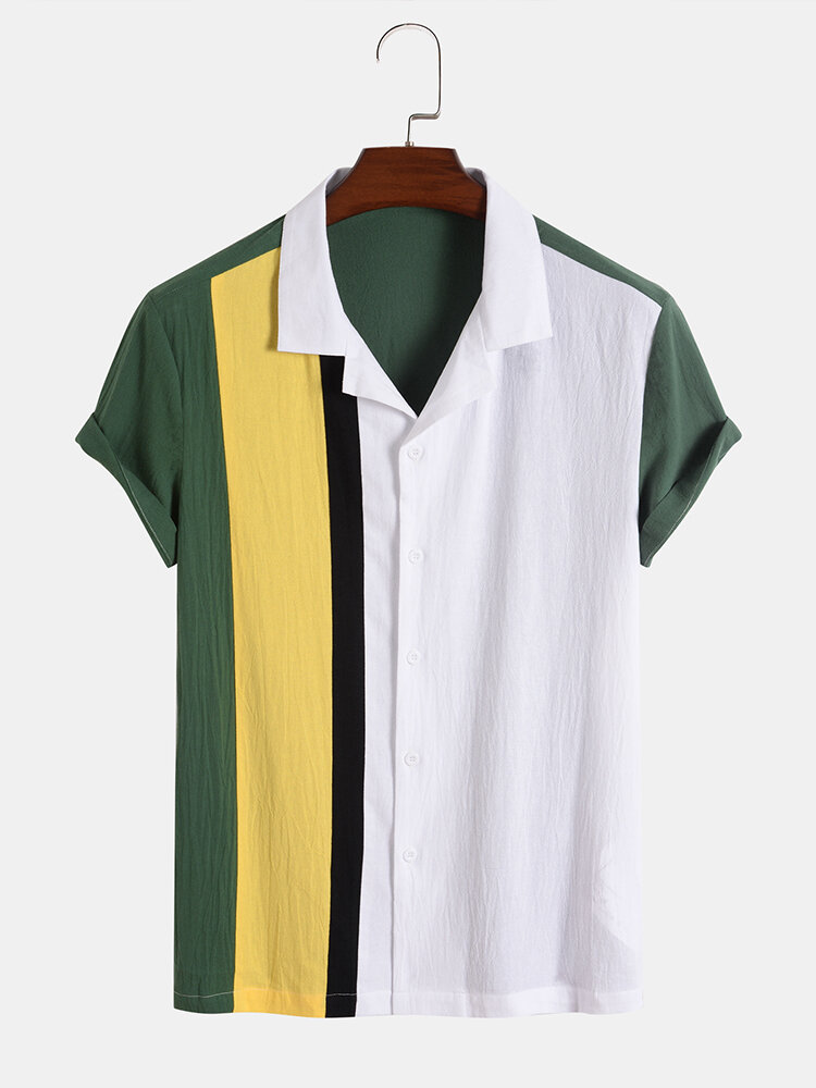 Mens 100% Cotton Multicolor Patchwork Revere Collar Short Sleeve Shirt