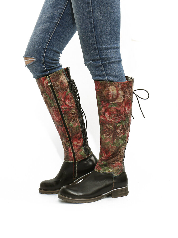 SOCOFY Elegant Floral Printed Cowhide Leather Comfy Round Toe Mid-calf Boots