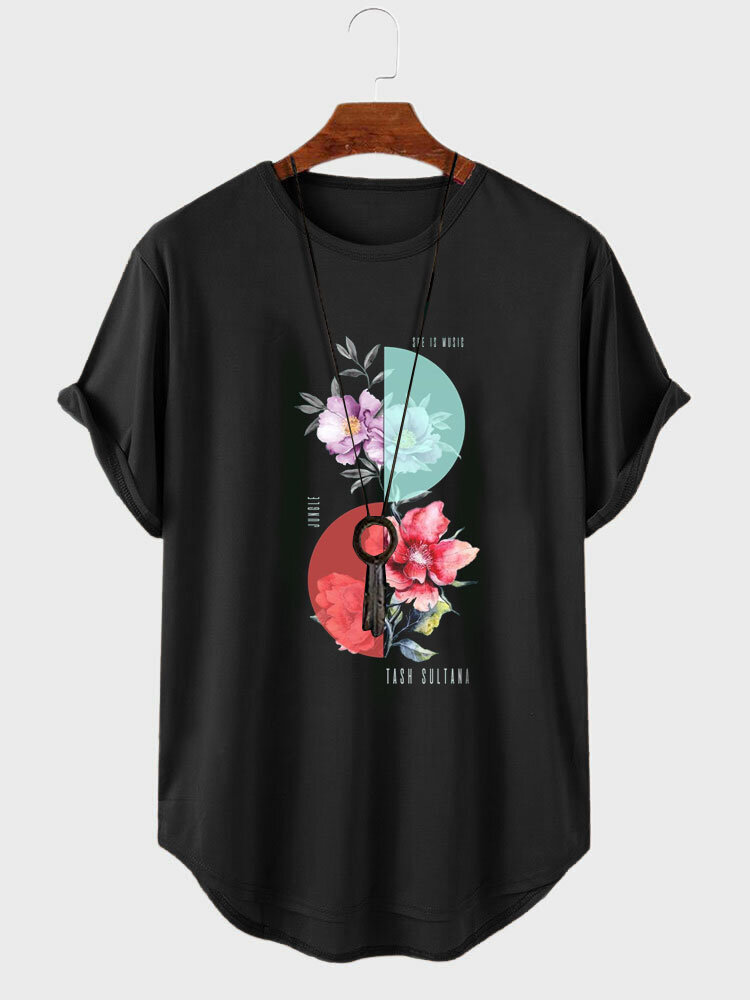 Herren-T-Shirts mit Blumenmuster, Buchstabengrafik und abgerundetem Saum