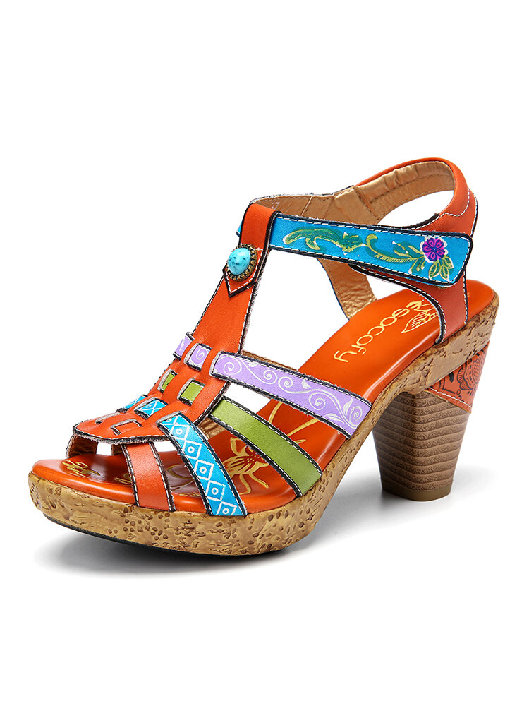 SOCOFY Retro Leather Bohemia Printed Strappy Chunky High Heel Sandals