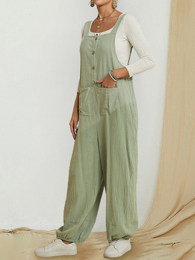 Solid Color Sleeveless Elastic Cuff Button Jumpsuit With Pocket
