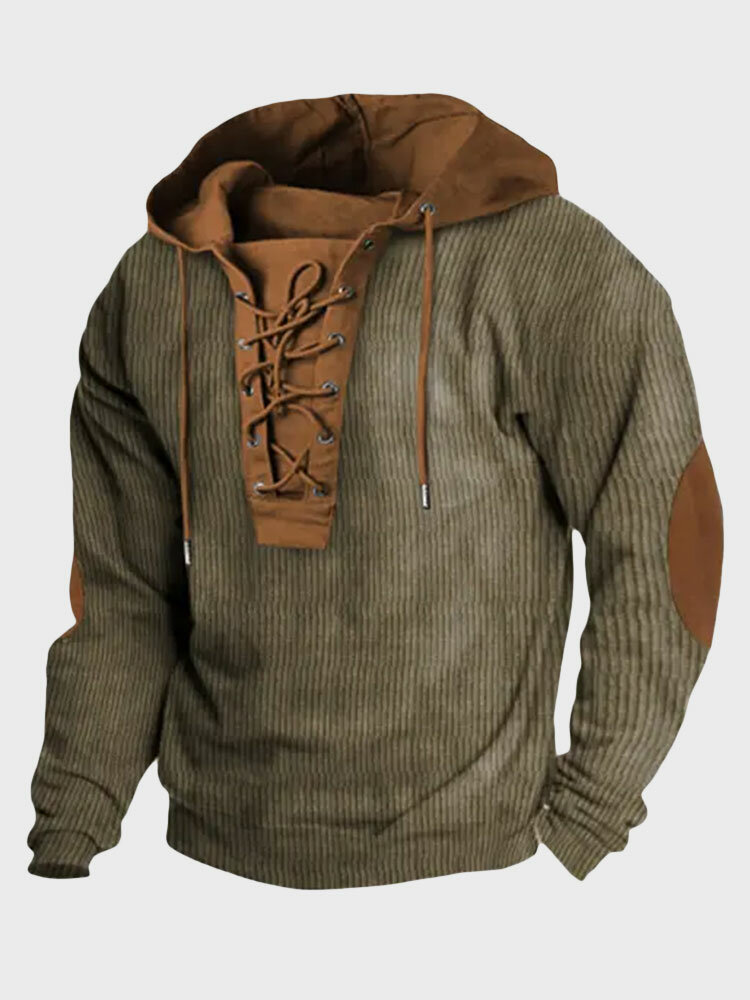 Mens Contrast Patchwork Lace-Up Design Corduroy Drawstring Hoodies Winter