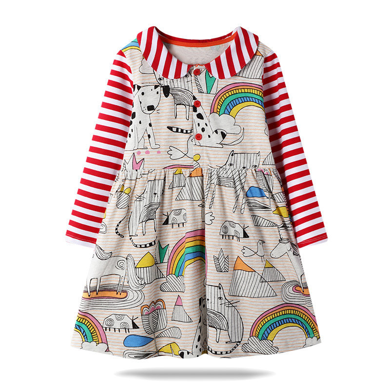 Girl's Cartoon Rainbow Print Striped Long Sleeves Casual Dress For 1-7Y