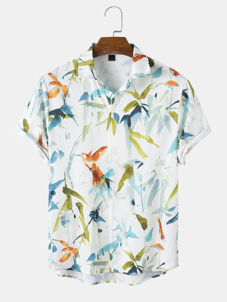 Mens Chinoiserie Bamboo Bird Ink Print Short Sleeve Shirt