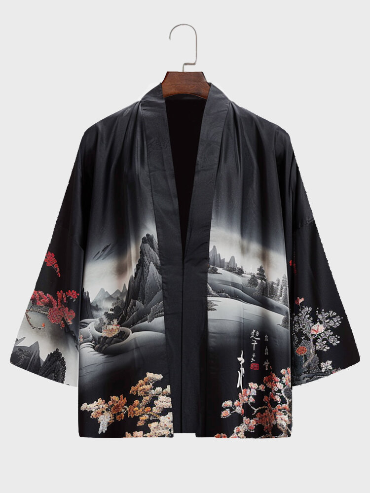 

Mens Japanese Floral Landscape Print Open Front Loose 3/4 Sleeve Kimono, Black