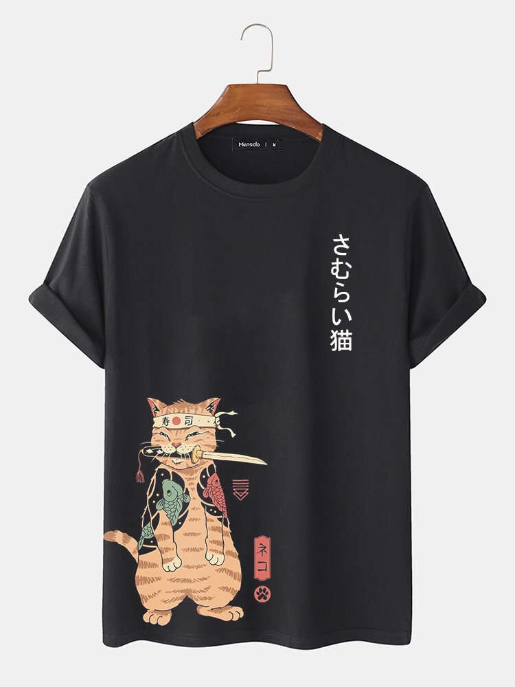 Mens Carp Warrior Cat Print Japanese Style Short Sleeve T-Shirts