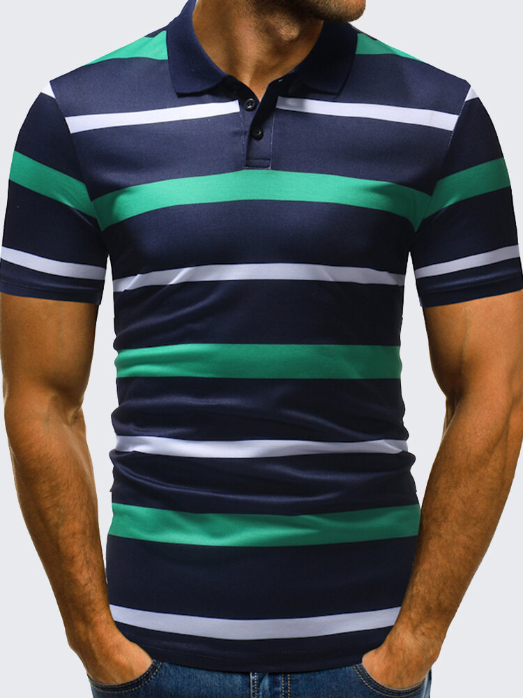 メンズビジネスカジュアルストライププリントトップス折り襟半袖コットンゴルフシャツ