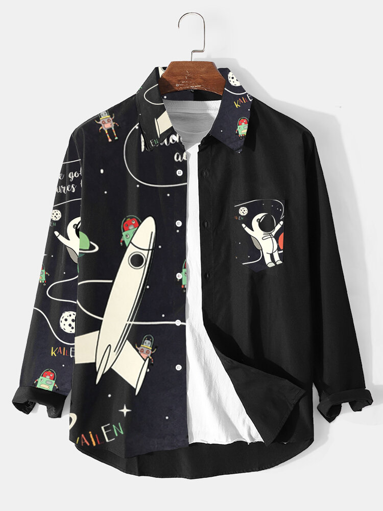 Mens Cartoon Astronaut Spaceship Print Lapel Long Sleeve Shirts Winter