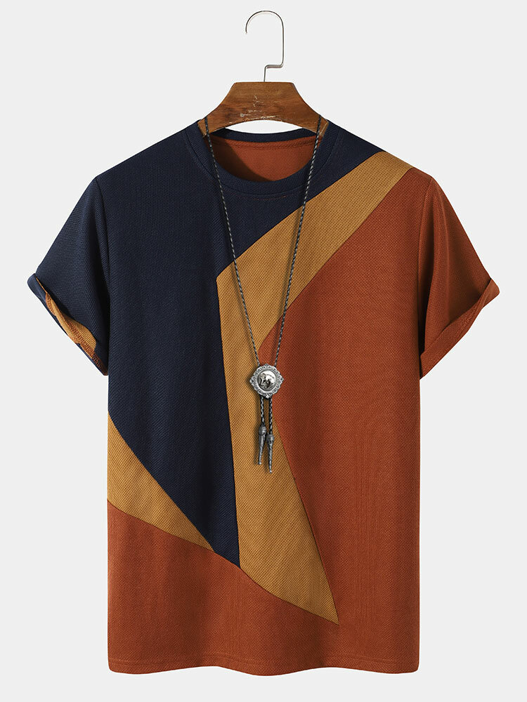 

Mens Knit Irregular Color Block Stitching Preppy Short Sleeve T-Shirts, Orange