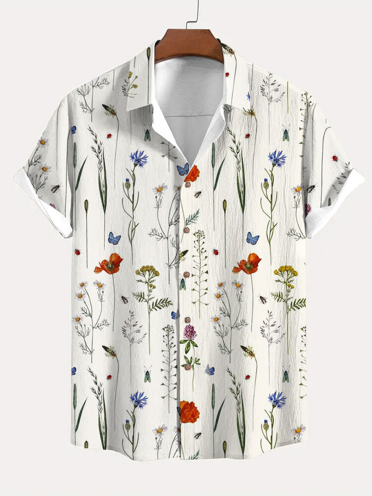 Camisas masculinas Allover Floral Planta estampadas com botões de manga curta