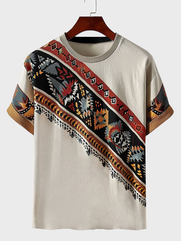 

Mens Ethnic Colorful Geometric Print Patchwork Short Sleeve T-Shirts Winter, Apricot