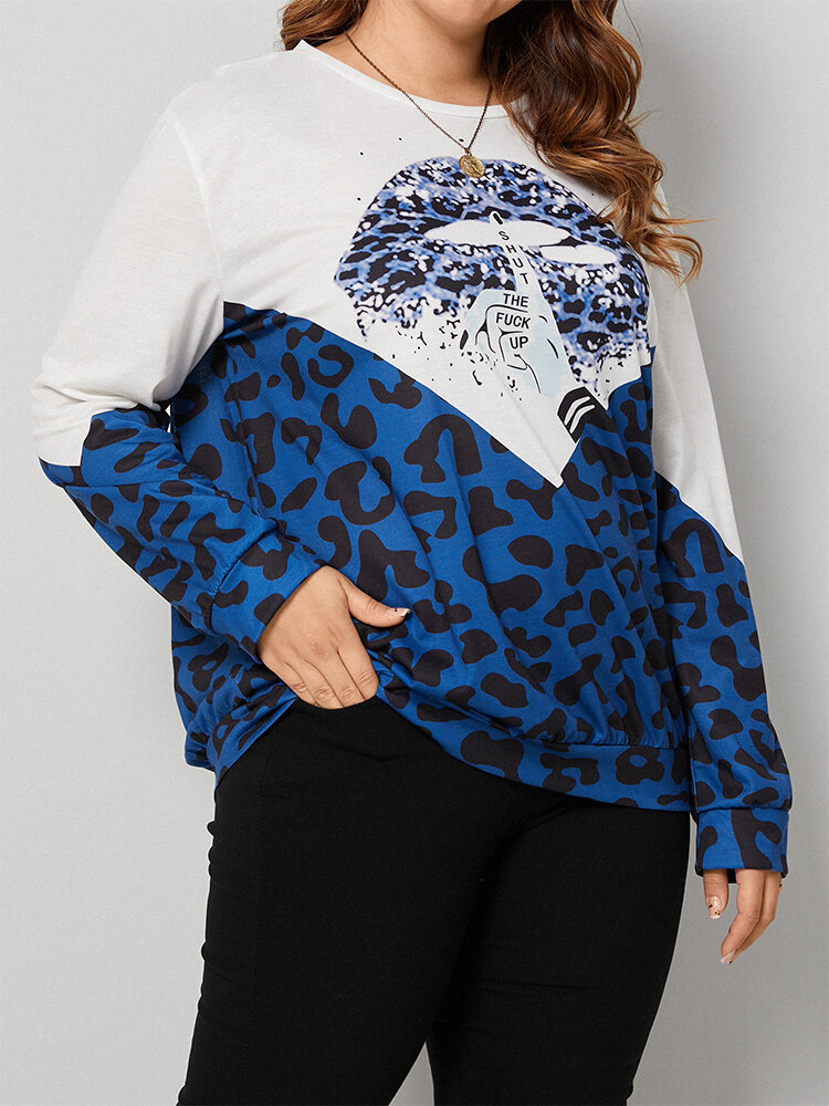 Plus Size Casual Leopard Print Patchwork O-neck Sweatshirt
