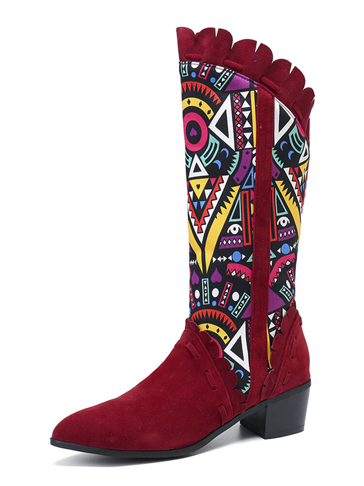 Women Casual Retro Elegant Geometric Pattern National Style Mid-Calf Boots