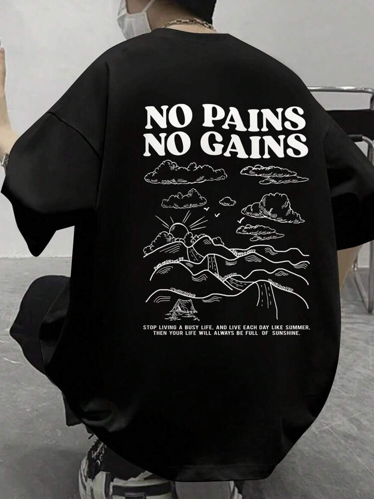 

Mens Letter Slogan Landscape Back Print Short Sleeve Casual T-Shirts, Black