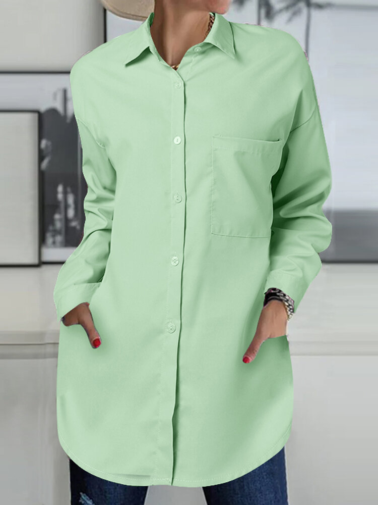 

Women Solid Button Front High-Low Hem Long Sleeve Shirt, Green;dark blue;apricot;khaki