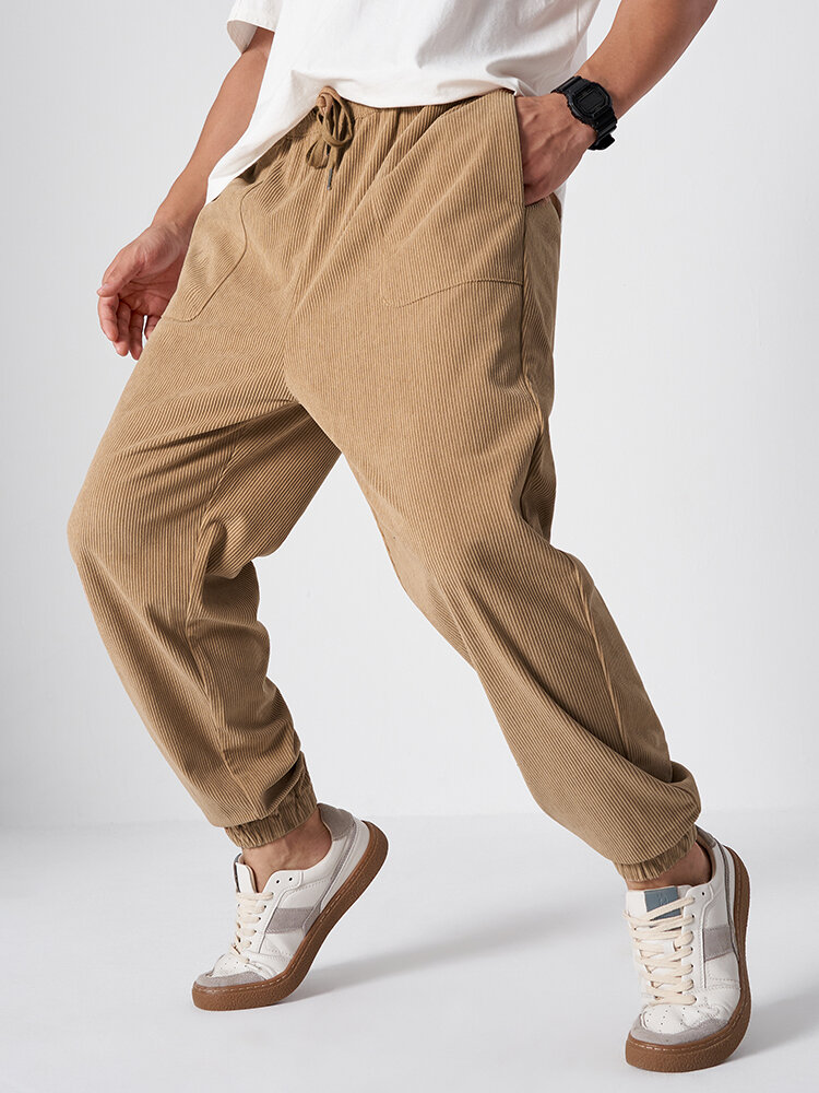 Mens Solid Corduroy Two Large Pocket Elastic Cuff Long Pants