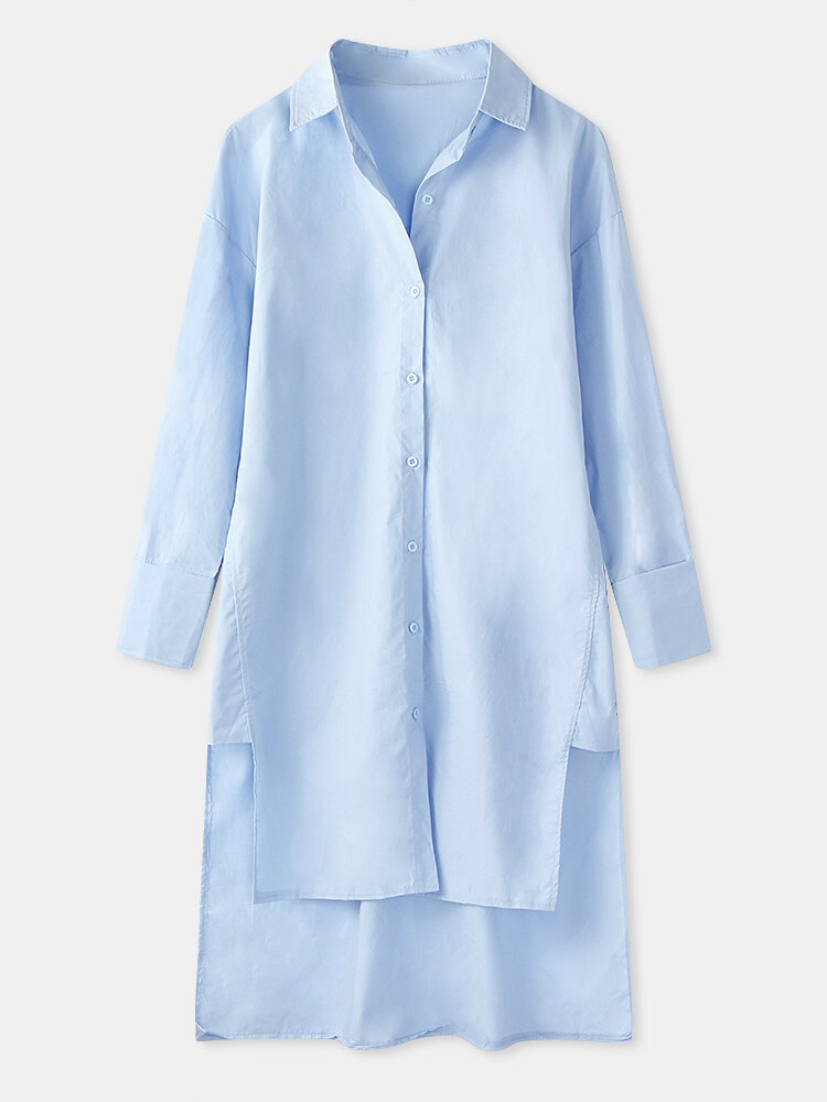 Solid Color Asymmetrical Hem Button Long Sleeve Casual Shirt for Women