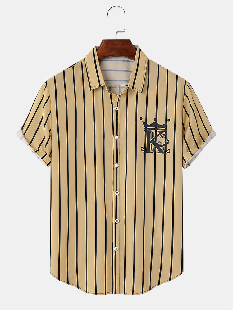 Mens Crown K Print Striped Button Front Short Sleeve Shirts