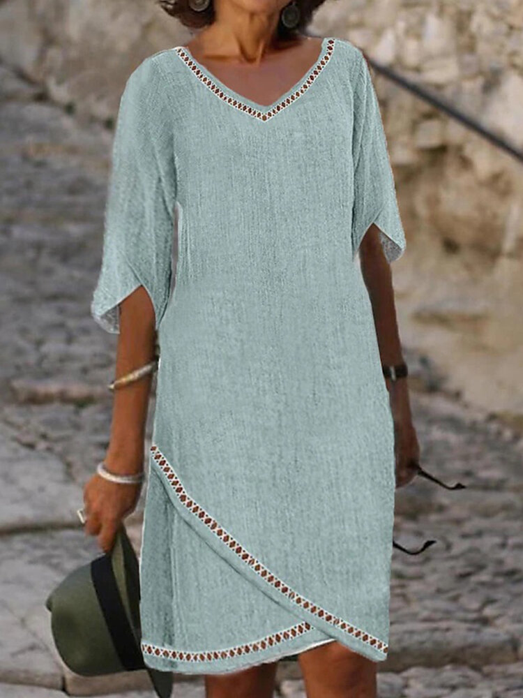 Damen Plain Hollow Out Texture V-Ausschnitt Baumwolle Wickelsaum Kleid