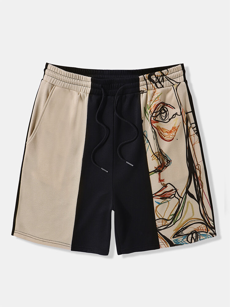 ChArmkpR Mens Abstract Face Print Color Block Patchwork Drawstring Waist Shorts