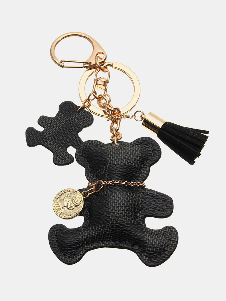 Leather Bear Tassel Handbag Keychain