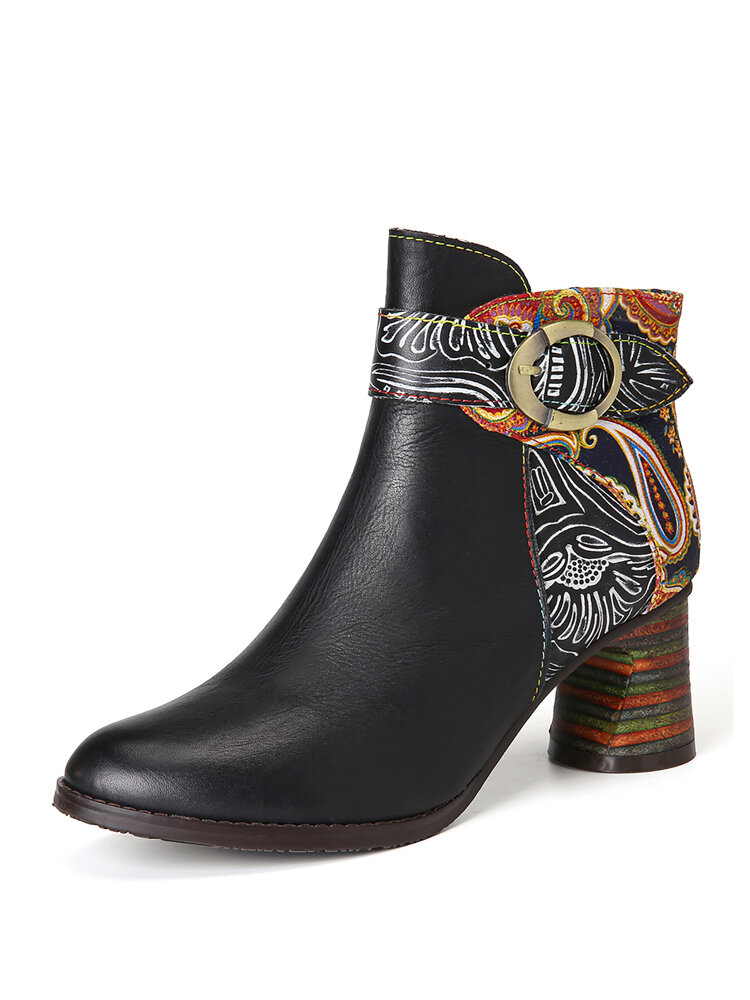 SOCOFY Ankle Buckle Strap Decor Retro Floral Printed Splicing Leather Comfy Chunky Heel Ankle Boots