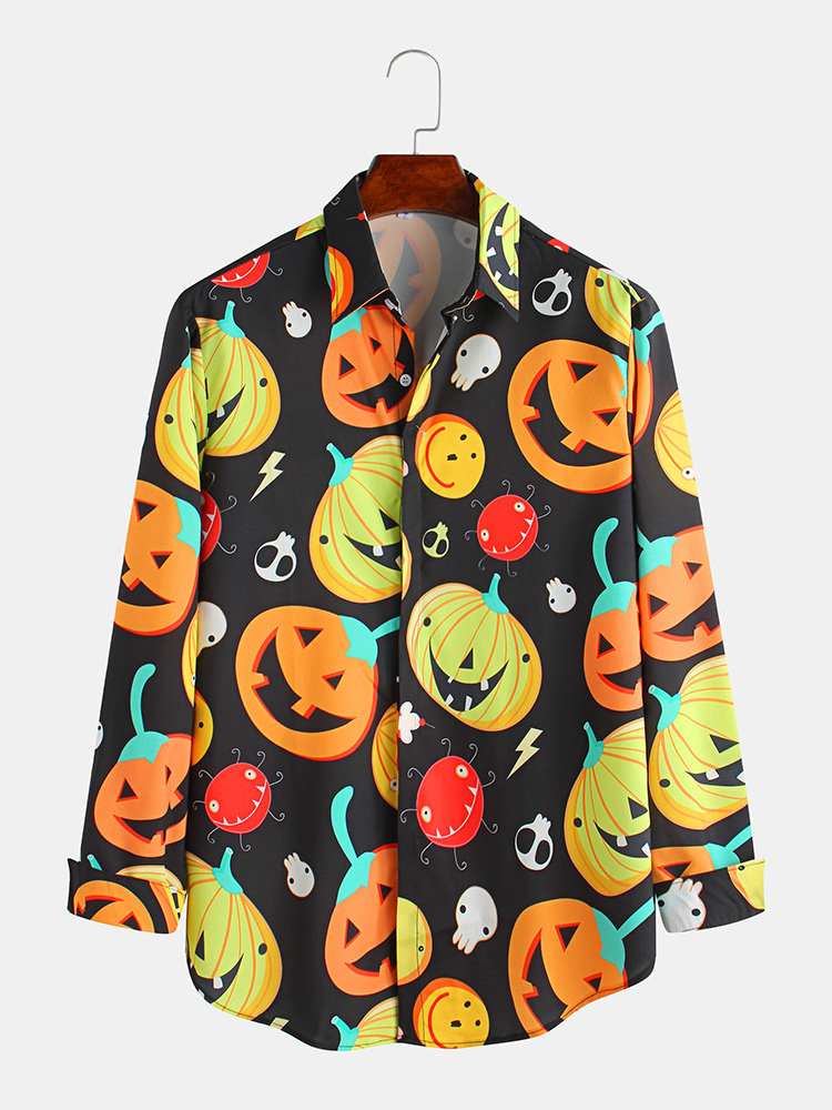 Mens Funny Halloween Printing Pumpkin Lamp Long Sleeve Shirts