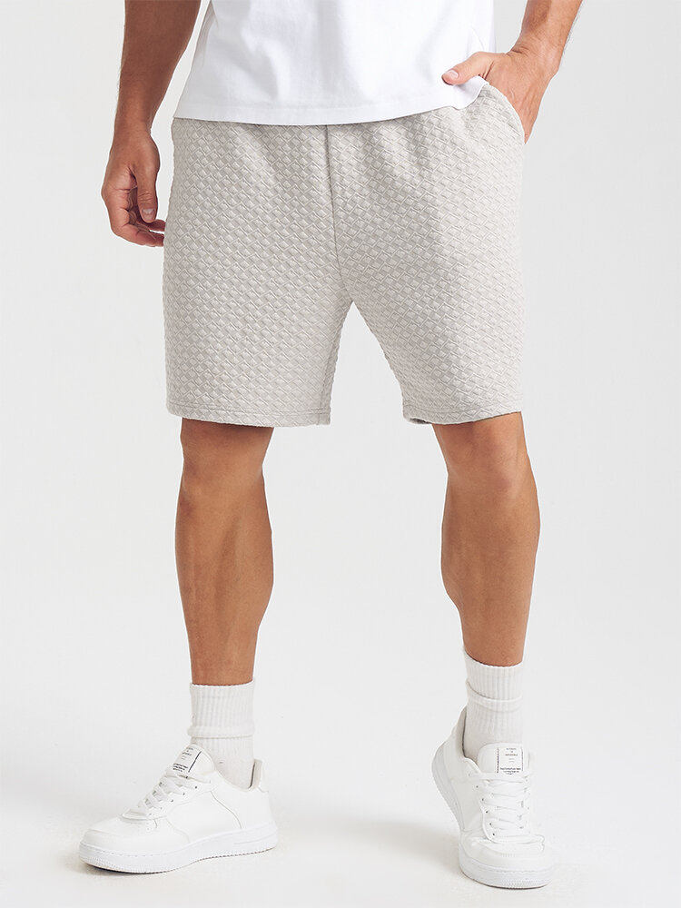 Mens Geometric Pattern Textured Preppy Mid Length Drawstring Shorts