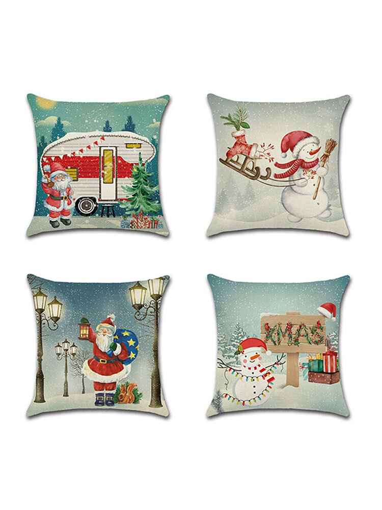 Retro Christmas Santa Snowman Pattern Linen Cushion Cover Home Sofa Soft Throw Pillowcases Art Decor