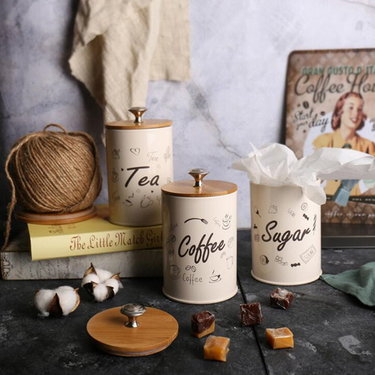 3pcs/set Vintage Tea Coffee Sugar Kitchen Storage Canisters Jars Pots Containers Tins