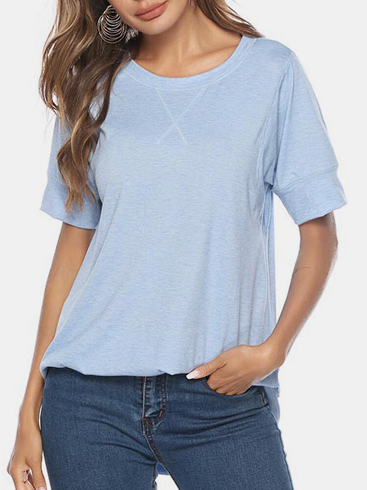 Solid Color Irregular Hem Short Sleeve O-Neck Casual T-shirt