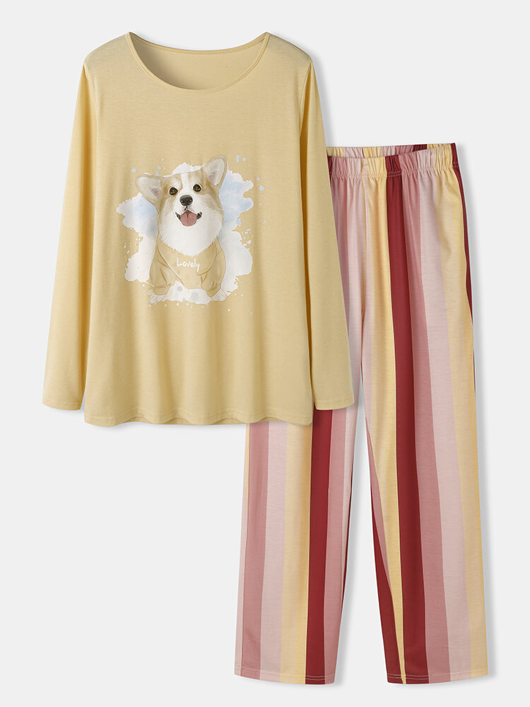 Plus Size Women Dog Print Striped Pants Loose Long Sleeve Loungewear Pajamas Sets