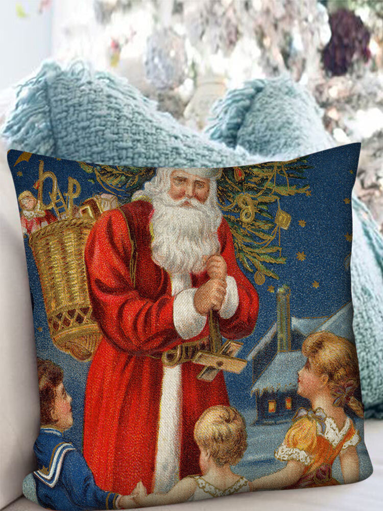 1 PC Linen Christmas Santas Claus With Children Decoration In Bedroom Living Room Sofa Cushion Cover Throw Pillow Cover Pillowcase