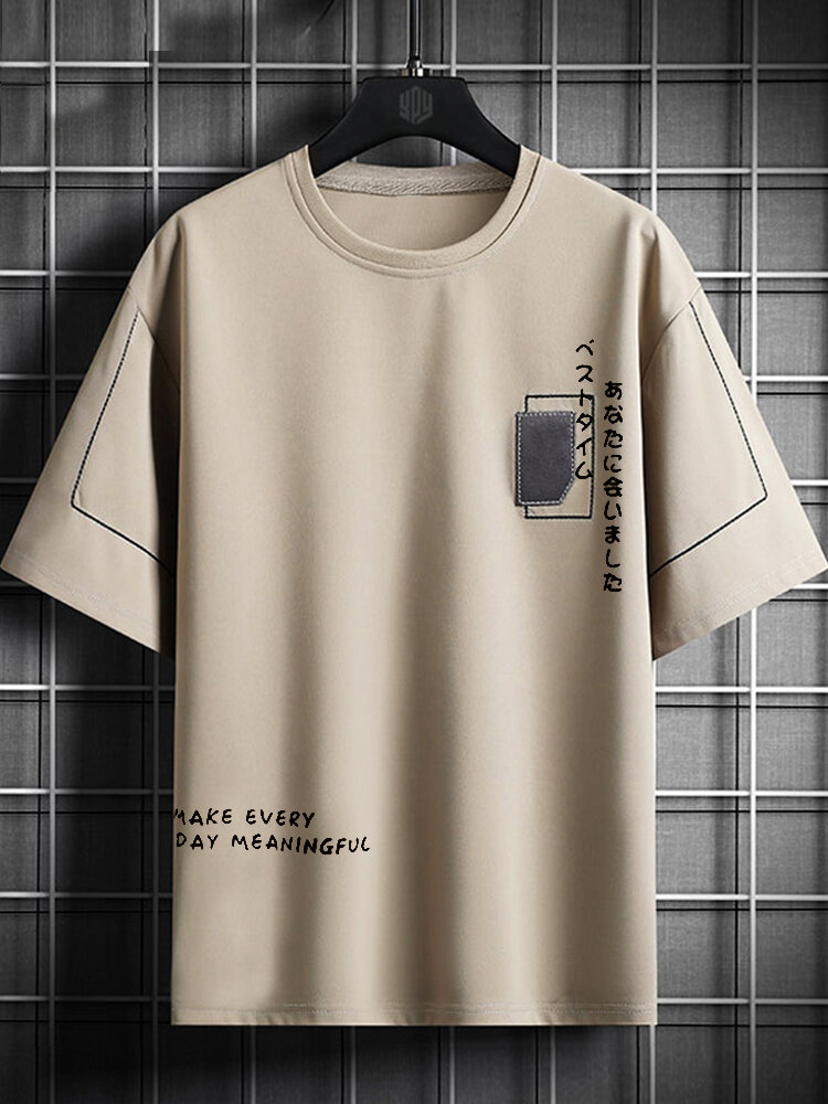 

Mens Japanese Letter Print Crew Neck Casual T-Shirts, Khaki