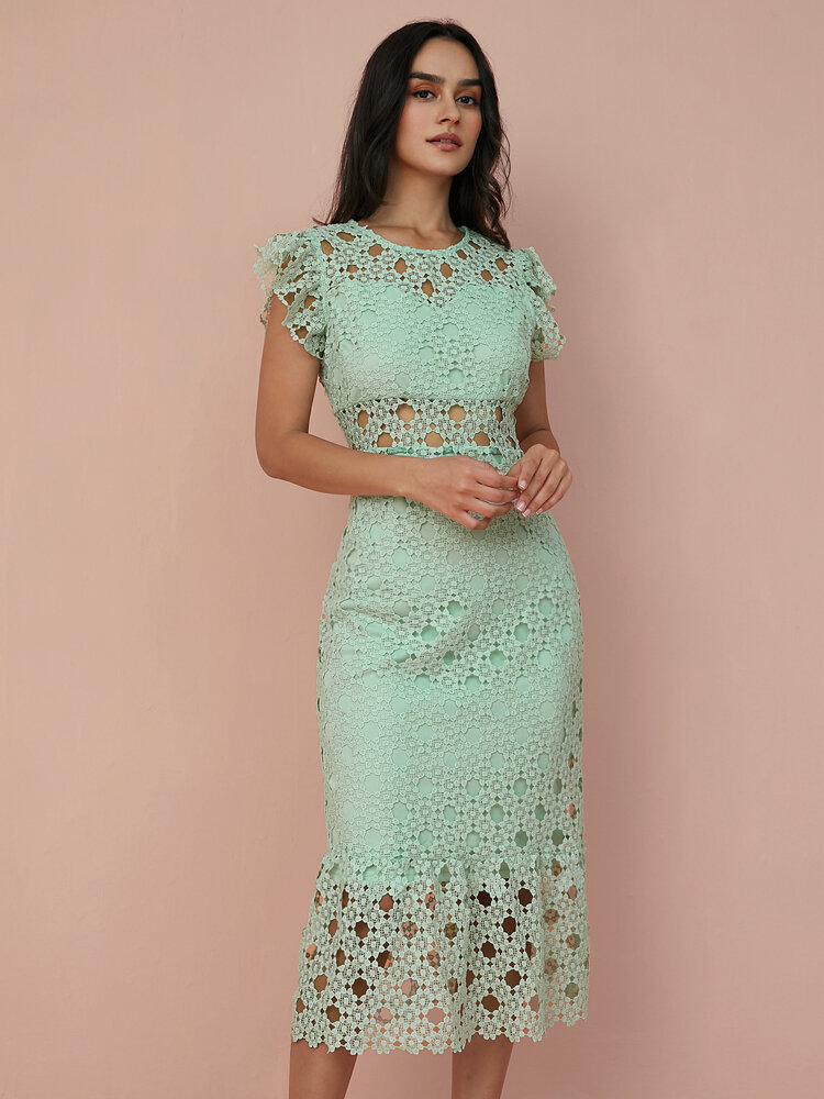 Crochet Hollow Lace Solid Ruffle Sleeve Midi Dress