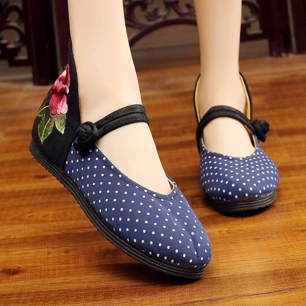 Flowers Embroidered Dot Canvas Folkways Buckle Flat Shoes