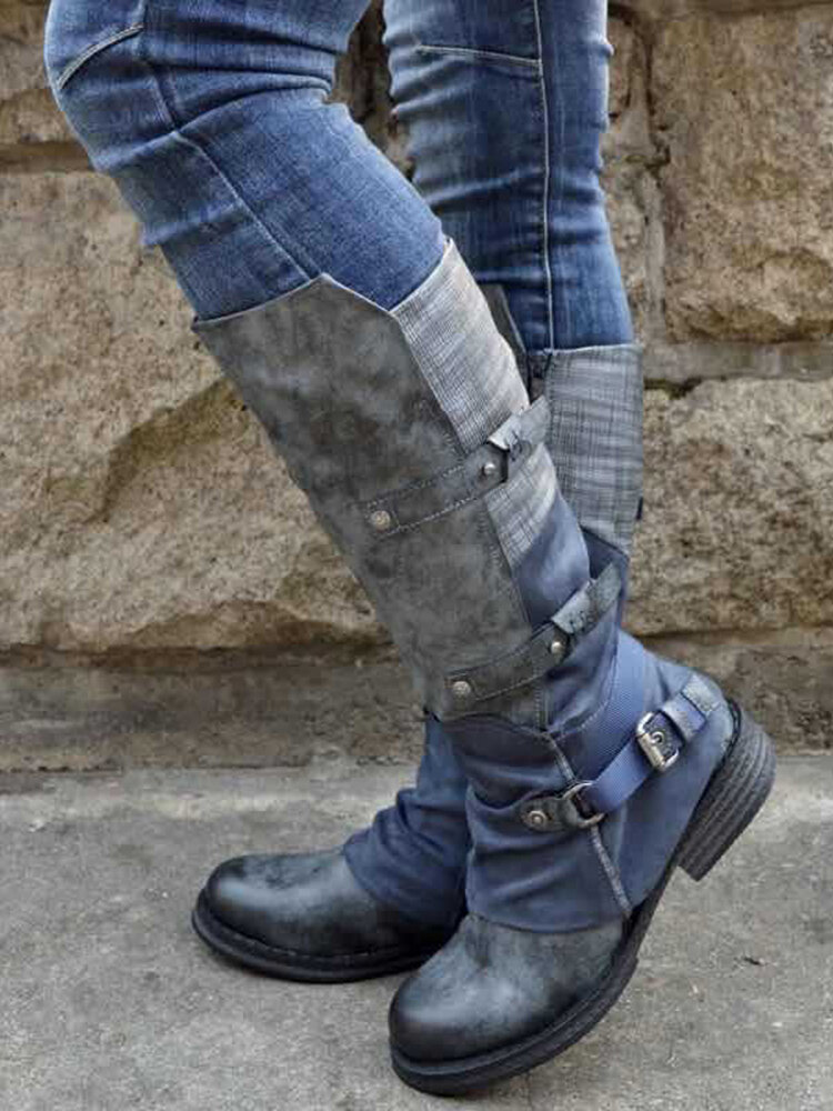 Large Size Women Color Block Buckle Design Side-zip Comfy Flat Mid Calf Boots