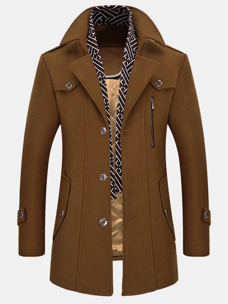 Mens Woolen Thickened Warm Trench Coats Detachable Scarf Collar Wool Outerwears