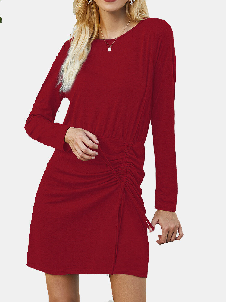 Solid Color Long Sleeve O-neck Drawstring Pleated Mini Dress