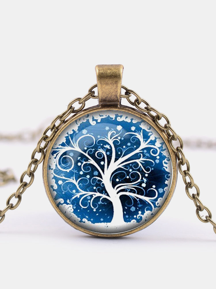 

Vintage Round-shaped Time Gemstone Blue White Life Tree Pattern Pendant Alloy Glass Necklace, Silver;bronze