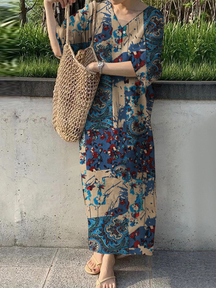 Vestido de manga com estampa floral vintage decote em V 3/4 Comprimento