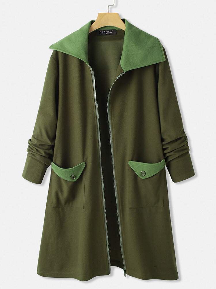 

Patched Contrast Color Fleece Vintage Coat For Women, Army green