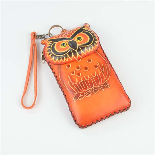 Genuine Leather Cartoon Owl 5.5inch Phone Bag Clutch Coins Bags Purse 