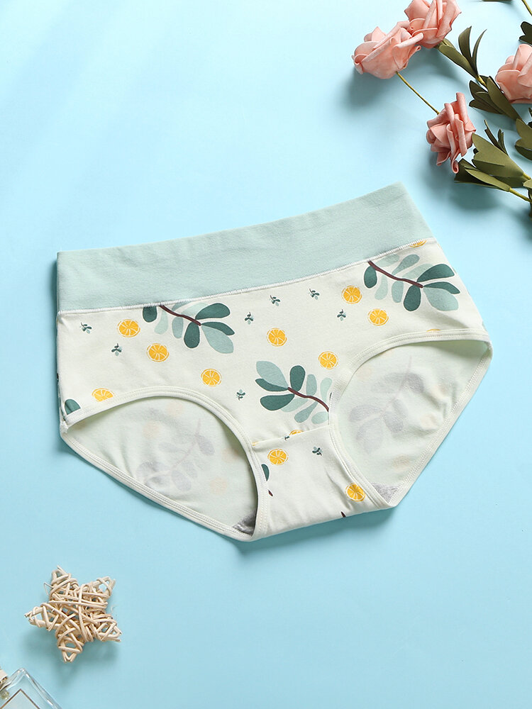 Women Lemon Plant Leaf Print Cotton Breathable Stretch Waistband High Waisted Panties