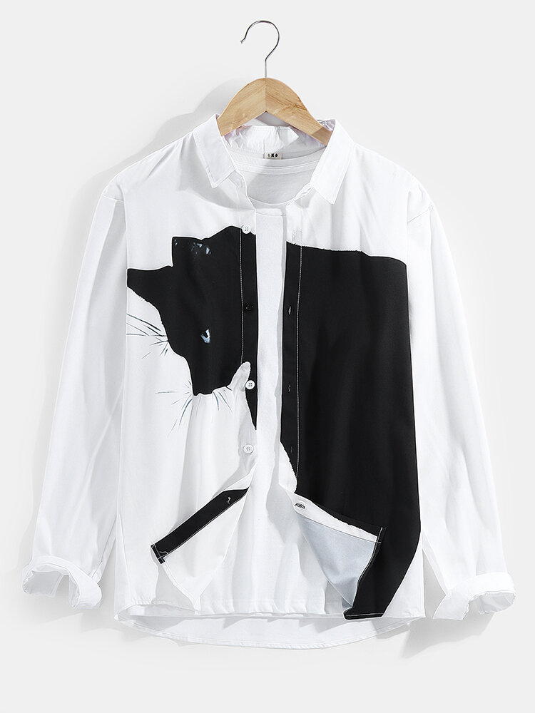 Mens Cute Big Cat Print Cotton Lapel Collar Long Sleeve Casual Shirt