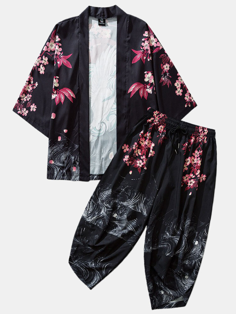 Mens Japanese Style Crane Print Drawstring Kimono & Drawstring Pants Outfits