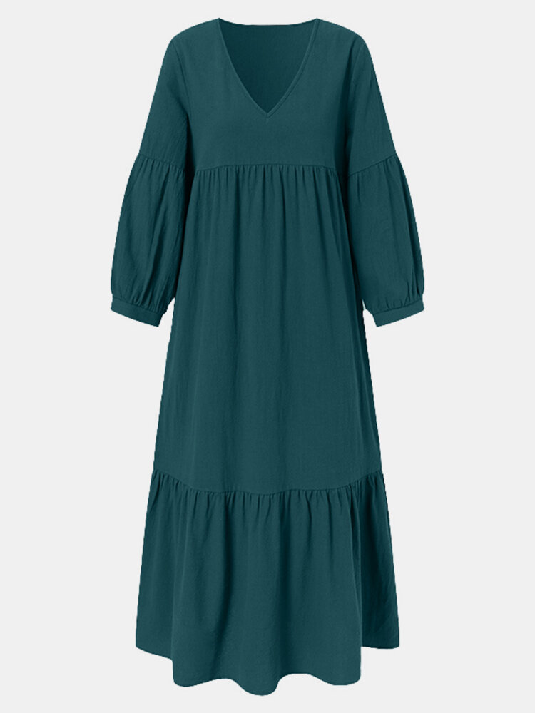 Solid Color Pleated V-neck Long Sleeve Casual Dress for Women