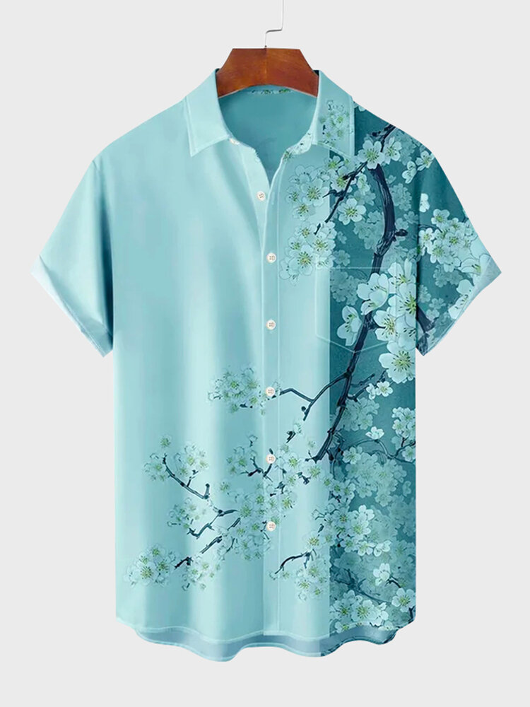 

Mens Floral Print Patchwork Hawaiian Vacation Short Sleeve Shirts, Blue
